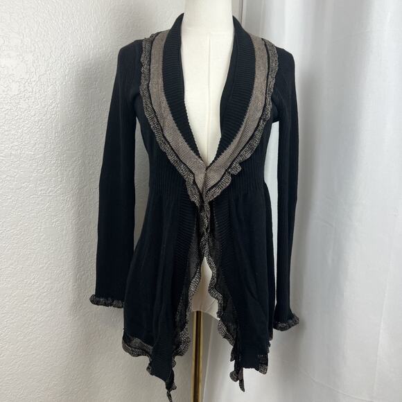 VTG Fairygrunge Cardigan Womens Medium Black Ruffle Hem Gothic Dark Academia Y2K - Picture 1 of 13